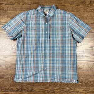 L.L.Bean Shirt Mens Large Blue Brown Plaid Short Sleeve Button Down Zip Pocket